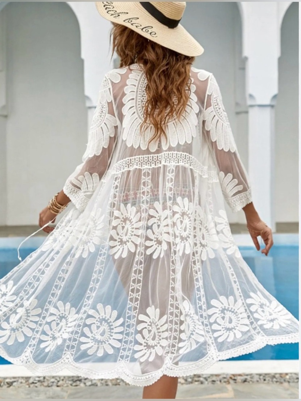 White Embroidered Lace Kimono Swim Cover Up Sheer Boho Beach Duster Size L